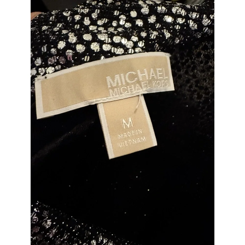 Michael Kors Black‎ Silver Scallop Glitter Lame Cowl Back Chain Dress Medium